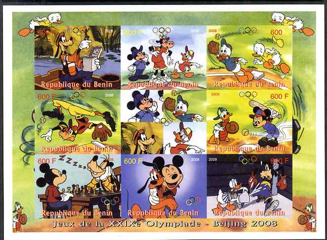 Benin 2008 Beijing Olympics - Disney Characters & Sports #1 imperf sheetlet containing 8 values plus label unmounted mint. Note this item is privately produced and is off..., stamps on olympics, stamps on disney, stamps on sport, stamps on baseball, stamps on golf, stamps on archery, stamps on lighthouses, stamps on coins, stamps on bears, stamps on honey, stamps on weights, stamps on weight lifting, stamps on mountains, stamps on mountaineering