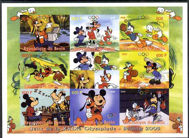 Benin 2008 Beijing Olympics - Disney Characters & Sports #1 imperf sheetlet containing 8 values plus label unmounted mint. Note this item is privately produced and is offered purely on its thematic appeal , stamps on olympics, stamps on disney, stamps on sport, stamps on baseball, stamps on golf, stamps on archery, stamps on lighthouses, stamps on coins, stamps on bears, stamps on honey, stamps on weights, stamps on weight lifting, stamps on mountains, stamps on mountaineering