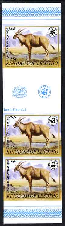 Lesotho 1981 WWF - Eland - Oryx 25s imperf gutter strip of 3 unmounted mint, only about 20 strips believed to exist, SG 470, stamps on , stamps on  stamps on animals, stamps on  stamps on bovine, stamps on  stamps on  wwf , stamps on  stamps on 