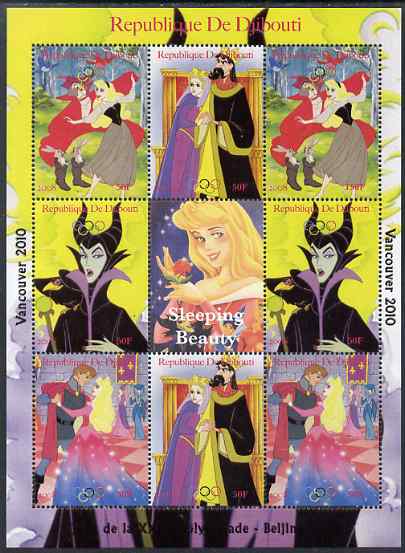 Djibouti 2008 Beijing & Vancouver Olympics - Disney - Sleeping Beauty perf sheetlet containing 8 values plus label unmounted mint. Note this item is privately produced and is offered purely on its thematic appeal, stamps on olympics, stamps on disney, stamps on cartoons, stamps on films, stamps on cinema, stamps on movies, stamps on fairy tales