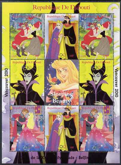 Djibouti 2008 Beijing & Vancouver Olympics - Disney - Sleeping Beauty perf sheetlet containing 8 values plus label unmounted mint. Note this item is privately produced an..., stamps on olympics, stamps on disney, stamps on cartoons, stamps on films, stamps on cinema, stamps on movies, stamps on fairy tales