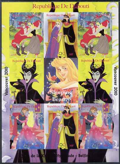 Djibouti 2008 Beijing & Vancouver Olympics - Disney - Sleeping Beauty imperf sheetlet containing 8 values plus label unmounted mint. Note this item is privately produced and is offered purely on its thematic appeal, stamps on olympics, stamps on disney, stamps on cartoons, stamps on films, stamps on cinema, stamps on movies, stamps on fairy tales