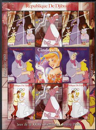 Djibouti 2008 Beijing & Vancouver Olympics - Disney - Cinderella perf sheetlet containing 8 values unmounted mint. Note this item is privately produced and is offered purely on its thematic appeal, stamps on , stamps on  stamps on olympics, stamps on  stamps on disney, stamps on  stamps on cartoons, stamps on  stamps on films, stamps on  stamps on cinema, stamps on  stamps on movies, stamps on  stamps on fairy tales
