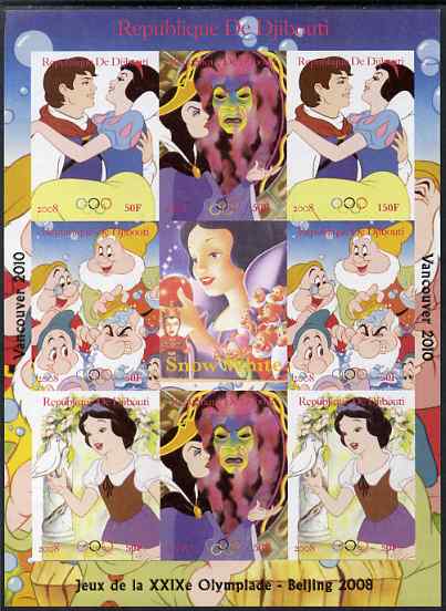 Djibouti 2008 Beijing & Vancouver Olympics - Disney - Snow White imperf sheetlet containing 8 values plus label unmounted mint. Note this item is privately produced and is offered purely on its thematic appeal, stamps on , stamps on  stamps on olympics, stamps on  stamps on disney, stamps on  stamps on cartoons, stamps on  stamps on films, stamps on  stamps on cinema, stamps on  stamps on movies, stamps on  stamps on fairy tales