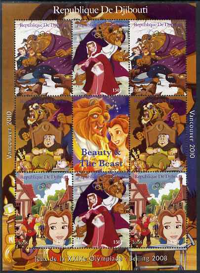 Djibouti 2008 Beijing & Vancouver Olympics - Disney - Beauty & the Beast perf sheetlet containing 8 values plus label unmounted mint. Note this item is privately produced..., stamps on olympics, stamps on disney, stamps on cartoons, stamps on films, stamps on cinema, stamps on movies, stamps on fairy tales