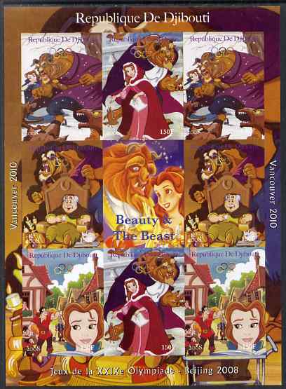 Djibouti 2008 Beijing & Vancouver Olympics - Disney - Beauty & the Beast imperf sheetlet containing 8 values plus label unmounted mint. Note this item is privately produc..., stamps on olympics, stamps on disney, stamps on cartoons, stamps on films, stamps on cinema, stamps on movies, stamps on fairy tales