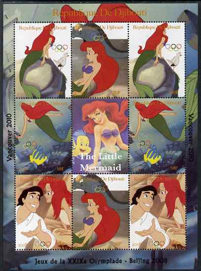 Djibouti 2008 Beijing & Vancouver Olympics - Disney - The Little Mermaid perf sheetlet containing 8 values plus label unmounted mint. Note this item is privately produced and is offered purely on its thematic appeal, stamps on olympics, stamps on disney, stamps on cartoons, stamps on films, stamps on cinema, stamps on movies, stamps on fairy tales, stamps on marine life