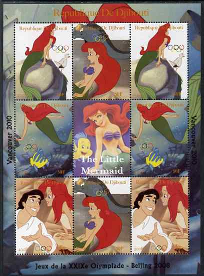 Djibouti 2008 Beijing & Vancouver Olympics - Disney - The Little Mermaid perf sheetlet containing 8 values plus label unmounted mint. Note this item is privately produced and is offered purely on its thematic appeal, stamps on , stamps on  stamps on olympics, stamps on  stamps on disney, stamps on  stamps on cartoons, stamps on  stamps on films, stamps on  stamps on cinema, stamps on  stamps on movies, stamps on  stamps on fairy tales, stamps on  stamps on marine life