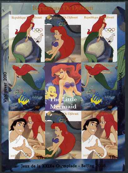 Djibouti 2008 Beijing & Vancouver Olympics - Disney - The Little Mermaid imperf sheetlet containing 8 values plus label unmounted mint. Note this item is privately produced and is offered purely on its thematic appeal, stamps on olympics, stamps on disney, stamps on cartoons, stamps on films, stamps on cinema, stamps on movies, stamps on fairy tales, stamps on marine life