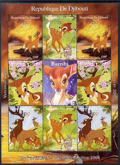 Djibouti 2008 Beijing & Vancouver Olympics - Disney - Bambi perf sheetlet containing 8 values plus label unmounted mint. Note this item is privately produced and is offered purely on its thematic appeal, stamps on , stamps on  stamps on olympics, stamps on  stamps on disney, stamps on  stamps on cartoons, stamps on  stamps on films, stamps on  stamps on cinema, stamps on  stamps on movies, stamps on  stamps on fairy tales, stamps on  stamps on deer