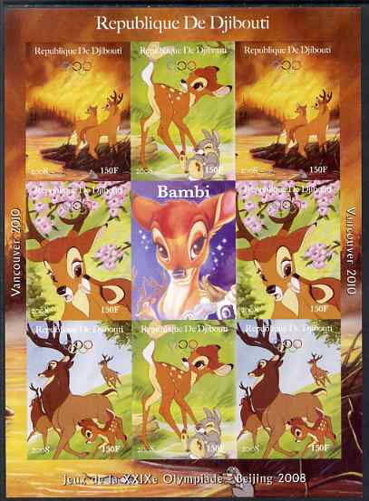 Djibouti 2008 Beijing & Vancouver Olympics - Disney - Bambi imperf sheetlet containing 8 values plus label unmounted mint. Note this item is privately produced and is offered purely on its thematic appeal, stamps on , stamps on  stamps on olympics, stamps on  stamps on disney, stamps on  stamps on cartoons, stamps on  stamps on films, stamps on  stamps on cinema, stamps on  stamps on movies, stamps on  stamps on fairy tales, stamps on  stamps on deer