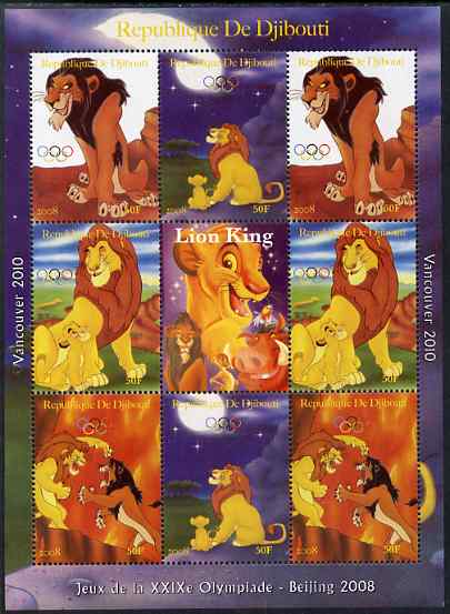 Djibouti 2008 Beijing & Vancouver Olympics - Disney - The Lion King perf sheetlet containing 8 values plus label unmounted mint. Note this item is privately produced and is offered purely on its thematic appeal, stamps on , stamps on  stamps on olympics, stamps on  stamps on disney, stamps on  stamps on cartoons, stamps on  stamps on films, stamps on  stamps on cinema, stamps on  stamps on movies, stamps on  stamps on fairy tales, stamps on  stamps on cats, stamps on  stamps on lions