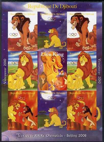 Djibouti 2008 Beijing & Vancouver Olympics - Disney - The Lion King imperf sheetlet containing 8 values plus label unmounted mint. Note this item is privately produced and is offered purely on its thematic appeal, stamps on olympics, stamps on disney, stamps on cartoons, stamps on films, stamps on cinema, stamps on movies, stamps on fairy tales, stamps on cats, stamps on lions