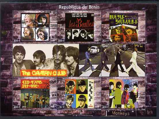 Benin 2009 The Beatles (The Cavern Club) perf sheetlet containing set of 6 values plus 3 labels fine cto used, stamps on , stamps on  stamps on personalities, stamps on  stamps on entertainments, stamps on  stamps on music, stamps on  stamps on pops, stamps on  stamps on beatles, stamps on  stamps on rock