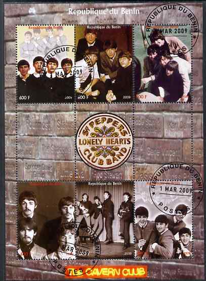 Benin 2009 The Beatles (Sg Peppers Lonely Hearts) perf sheetlet containing set of 6 values plus 3 labels fine cto used, stamps on personalities, stamps on entertainments, stamps on music, stamps on pops, stamps on beatles, stamps on rock