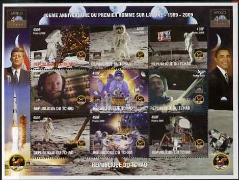 Chad 2009 40th Anniversary of Moon Landing perf sheetlet containing 9 values unmounted mint. Note this item is privately produced and is offered purely on its thematic appeal. , stamps on , stamps on  stamps on personalities, stamps on  stamps on space, stamps on  stamps on apollo, stamps on  stamps on kennedy, stamps on  stamps on obama, stamps on  stamps on usa presidents, stamps on  stamps on flags, stamps on  stamps on rockets