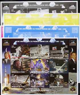 Chad 2009 40th Anniversary of Moon Landing imperf sheetlet containing 9 values - the set of 5 imperf progressive proofs comprising the 4 individual colours plus all 4-col..., stamps on personalities, stamps on space, stamps on apollo, stamps on kennedy, stamps on obama, stamps on usa presidents, stamps on flags, stamps on rockets