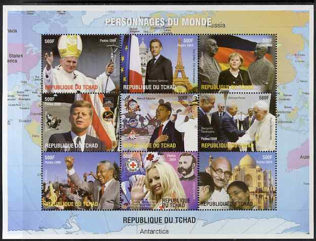 Chad 2009 World Personalities perf sheetlet containing 9 values unmounted mint. Note this item is privately produced and is offered purely on its thematic appeal. , stamps on personalities, stamps on kennedy, stamps on obama, stamps on gandhi, stamps on usa presidents, stamps on mandela, stamps on red cross, stamps on pope, stamps on eiffel tower, stamps on maps, stamps on dunant, stamps on nobel