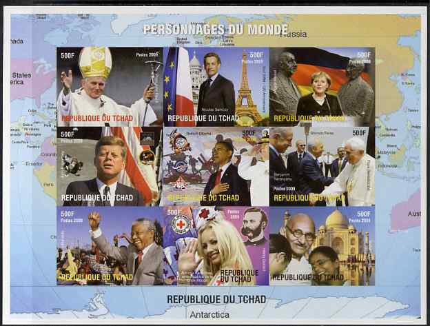 Chad 2009 World Personalities imperf sheetlet containing 9 values unmounted mint. Note this item is privately produced and is offered purely on its thematic appeal. , stamps on personalities, stamps on kennedy, stamps on obama, stamps on gandhi, stamps on usa presidents, stamps on mandela, stamps on red cross, stamps on pope, stamps on eiffel tower, stamps on maps, stamps on dunant, stamps on nobel
