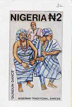 Nigeria 1992 Nigerian Dances - original hand-painted artwork for N2 value (Dundun Dance) by Godrick N Osuji on card 5 x 9 endorsed D2, stamps on dancing