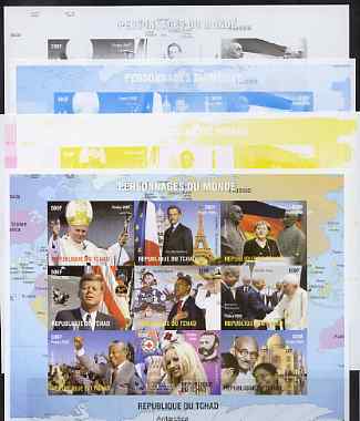 Chad 2009 World Personalities imperf sheetlet containing 9 values - the set of 5 imperf progressive proofs comprising the 4 individual colours plus all 4-colour composites, unmounted mint, stamps on personalities, stamps on kennedy, stamps on obama, stamps on gandhi, stamps on usa presidents, stamps on mandela, stamps on red cross, stamps on pope, stamps on eiffel tower, stamps on maps, stamps on dunant, stamps on nobel
