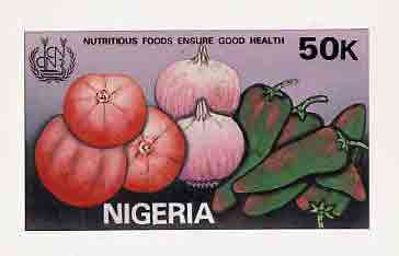 Nigeria 1992 Conference on Nutrition - original hand-painted artwork for 50k value (Fruit & vegetables) by NSP&MCo Staff Artist Samuel A M Eluare on board 9x5 endorsed A4, stamps on food  fruit