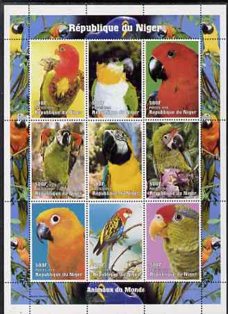 Niger Republic 1998 Parrots sheetlet containing 9 values unmounted mint, stamps on birds, stamps on parrots