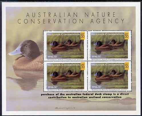 Cinderella - Australian Nature Conservation Agency 1996-97 Wetlands Conservation m/sheet containing 4 x $15 stamps showing Blue-Billed Duck (value tablets in yellow) unmo..., stamps on cinderellas, stamps on birds, stamps on ducks