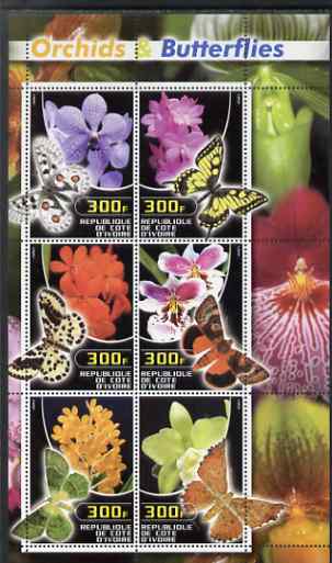 Ivory Coast 2003 Orchids & Butterflies perf sheetlet containing set of 6 values unmounted mint, stamps on flowers, stamps on orchids, stamps on butterflies