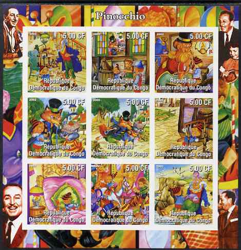 Congo 2002 Walt Didney - Pinocchio imperf sheetlet containing 9 values, unmounted mint, stamps on personalities, stamps on disney, stamps on cartoons, stamps on films, stamps on movies, stamps on cinema