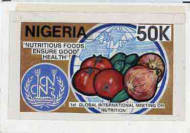 Nigeria 1992 Conference on Nutrition - original hand-painted artwork for 50k value (Fruit & vegetables) by Godrick N Osuji on card 9x5 endorsed A1, stamps on food  fruit