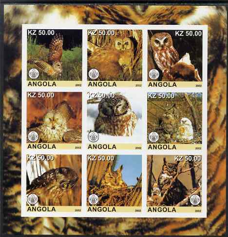 Angola 2002 Owls imperf sheetlet containing 9 values each with Scouts Logo, unmounted mint. Note this item is privately produced and is offered purely on its thematic appeal, stamps on birds, stamps on birds of prey, stamps on owls, stamps on scouts