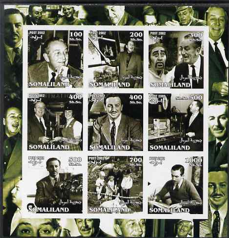 Somaliland 2002 Walt Disney #1 imperf sheetlet containing 9 values, unmounted mint, stamps on , stamps on  stamps on personalities, stamps on  stamps on disney, stamps on  stamps on cartoons, stamps on  stamps on films, stamps on  stamps on movies, stamps on  stamps on cinema