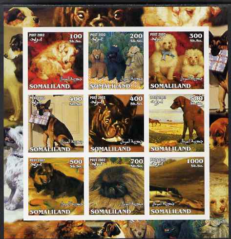 Somaliland 2002 Dogs imperf sheetlet containing 9 values unmounted mint, stamps on dogs