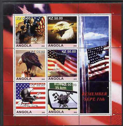 Angola 2002 Remember September 11th perf sheetlet containing 6 values plus 3 labels, unmounted mint, stamps on flags, stamps on disasters, stamps on eagles, stamps on birds of prey, stamps on aviation, stamps on americana, stamps on ships, stamps on flat tops