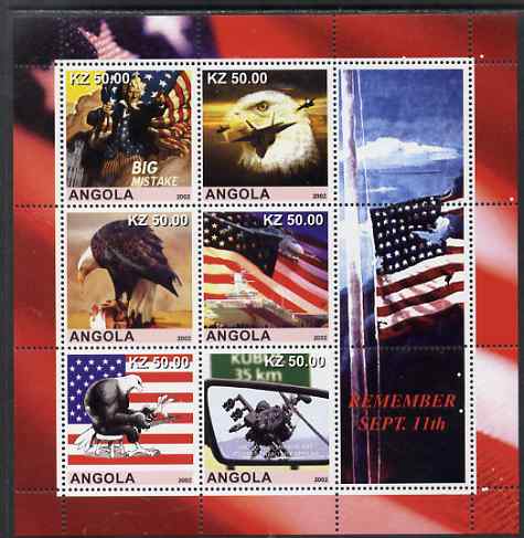 Angola 2002 Remember September 11th perf sheetlet containing 6 values plus 3 labels, unmounted mint, stamps on , stamps on  stamps on flags, stamps on  stamps on disasters, stamps on  stamps on eagles, stamps on  stamps on birds of prey, stamps on  stamps on aviation, stamps on  stamps on americana, stamps on  stamps on ships, stamps on  stamps on flat tops