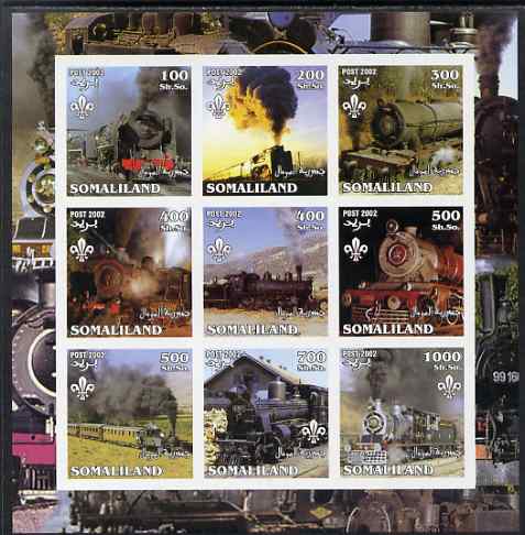 Somaliland 2002 Steam Trains #2 imperf sheetlet containing set of 9 values each with Scout Logo unmounted mint, stamps on , stamps on  stamps on railways, stamps on  stamps on scouts