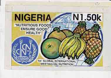 Nigeria 1992 Conference on Nutrition - original hand-painted artwork for N1.50 value (Fruit) by Godrick N Osuji on card 9x5 endorsed C1, stamps on , stamps on  stamps on food      fruit     bananas  