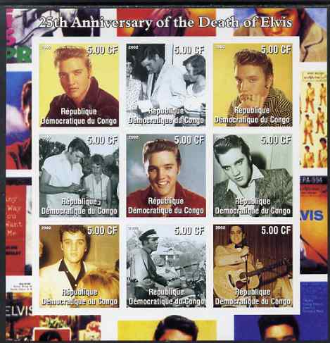 Congo 2002 25th Death Anniversary of Elvis Presley #1 imperf sheetlet containing 9 values, unmounted mint. Note this item is privately produced and is offered purely on its thematic appeal, stamps on , stamps on  stamps on entertainments, stamps on  stamps on films, stamps on  stamps on cinema, stamps on  stamps on elvis, stamps on  stamps on music