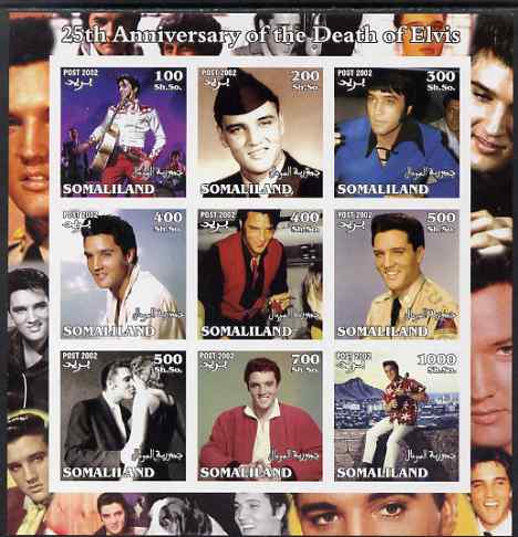 Somaliland 2002 25th Death Anniversary of Elvis Presley #1 imperf sheetlet containing 9 values, unmounted mint. Note this item is privately produced and is offered purely..., stamps on entertainments, stamps on films, stamps on cinema, stamps on elvis, stamps on music