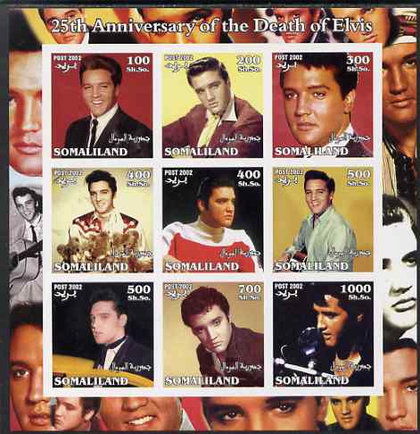 Somaliland 2002 25th Death Anniversary of Elvis Presley #2 imperf sheetlet containing 9 values, unmounted mint, stamps on entertainments, stamps on films, stamps on cinema, stamps on elvis, stamps on music