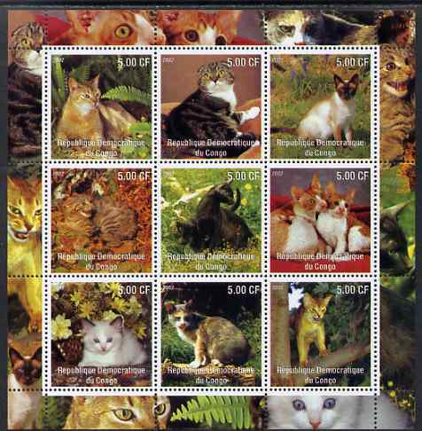 Congo 2002 Domestic Cats perf sheetlet containing 9 values unmounted mint, stamps on cats