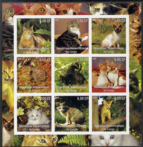 Congo 2002 Domestic Cats imperf sheetlet containing 9 values unmounted mint. Note this item is privately produced and is offered purely on its thematic appeal, stamps on , stamps on  stamps on cats