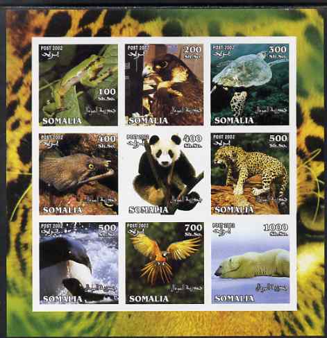 Somalia 2002 Wildlife imperf sheetlet containing 9 values unmounted mint. Note this item is privately produced and is offered purely on its thematic appeal, stamps on , stamps on  stamps on cats, stamps on  stamps on animals, stamps on  stamps on frogs, stamps on  stamps on birds, stamps on  stamps on turtles, stamps on  stamps on birds of prey, stamps on  stamps on pandas, stamps on  stamps on bears, stamps on  stamps on 