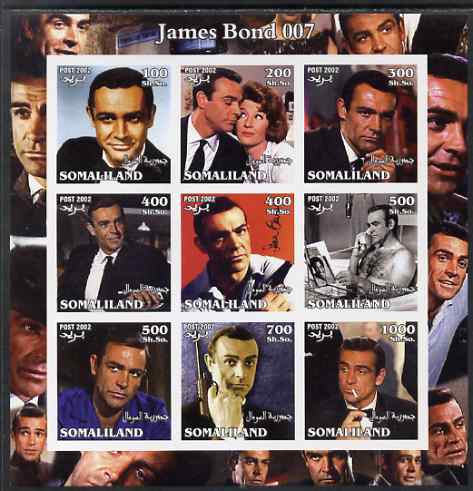Somaliland 2002 James Bond (Sean Connery) imperf sheetlet containing 9 values unmounted mint, stamps on , stamps on  stamps on movies, stamps on  stamps on films, stamps on  stamps on  spy , stamps on  stamps on cinema, stamps on  stamps on scots, stamps on  stamps on scotland, stamps on  stamps on entertainments, stamps on  stamps on 