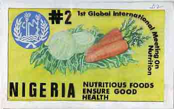 Nigeria 1992 Conference on Nutrition - original hand-painted artwork for N2 value (Vegetables) by unknown artist on board 9x5 endorsed D2, stamps on food