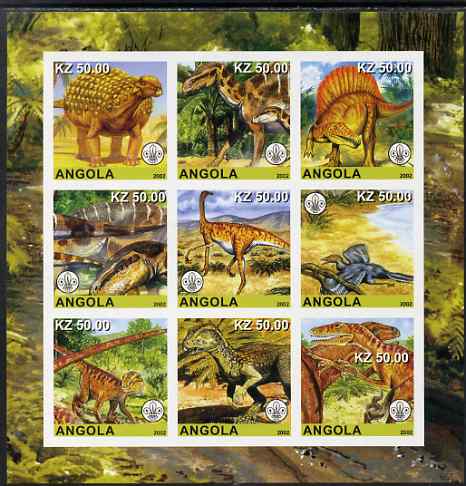 Angola 2002 Dinosaurs imperf sheetlet containing 9 values each with Scouts Logo unmounted mint. Note this item is privately produced and is offered purely on its thematic appeal, stamps on , stamps on  stamps on dinosaurs, stamps on  stamps on scouts