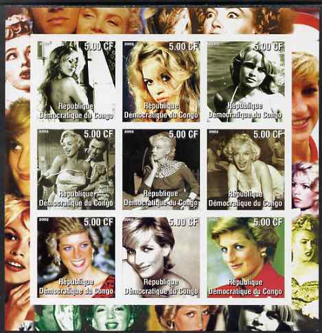 Congo 2002 Marilyn Monroe, Brigitte Bardot & Princess Diana imperf sheetlet containing 9 values unmounted mint, stamps on films, stamps on cinema, stamps on entertainments, stamps on women, stamps on personalities, stamps on marilyn, stamps on monroe, stamps on diana, stamps on royalty