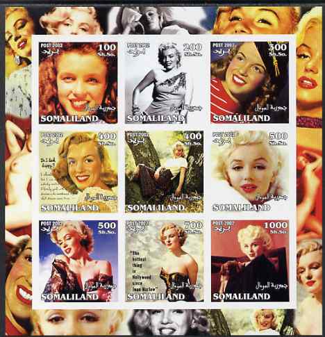 Somaliland 2002 Marilyn Monroe #2 imperf sheetlet containing 9 values unmounted mint. Note this item is privately produced and is offered purely on its thematic appeal, stamps on films, stamps on cinema, stamps on entertainments, stamps on women, stamps on personalities, stamps on marilyn, stamps on monroe, stamps on 