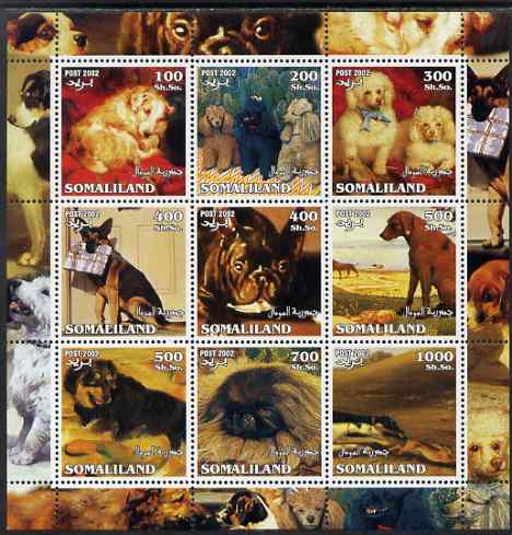 Somaliland 2002 Dogs perf sheetlet containing 9 values unmounted mint, stamps on , stamps on  stamps on dogs